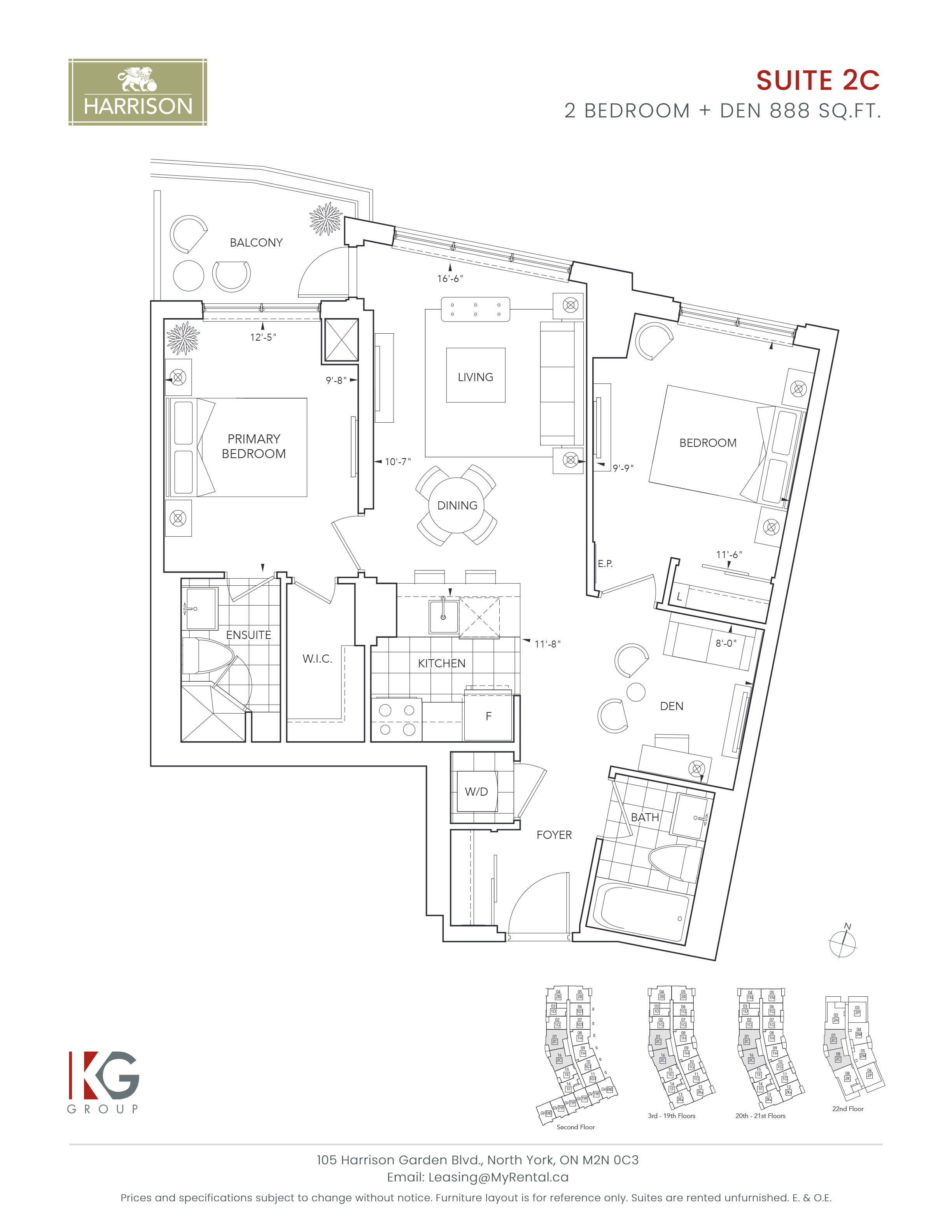 Floor plan for 2 beds, 2 baths, 888 sqft